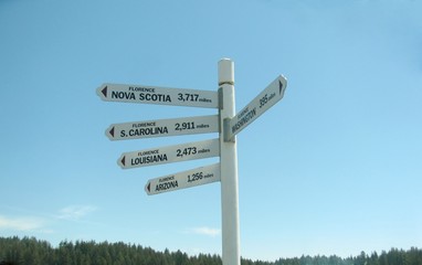 Distances to other towns named Florence signs in city of Florence, Oregon, USA