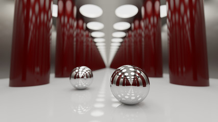 Steel balls with red columns on background. 3D Rendering.