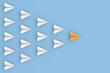 Leadership concept, orange leader plane leading whites. 3D Rendering.