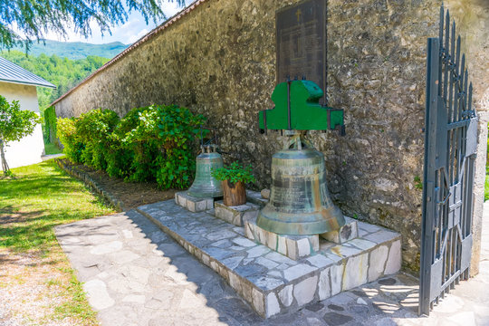 At the entrance to the monastery of Morocha there are ancient bells. Montenegro.