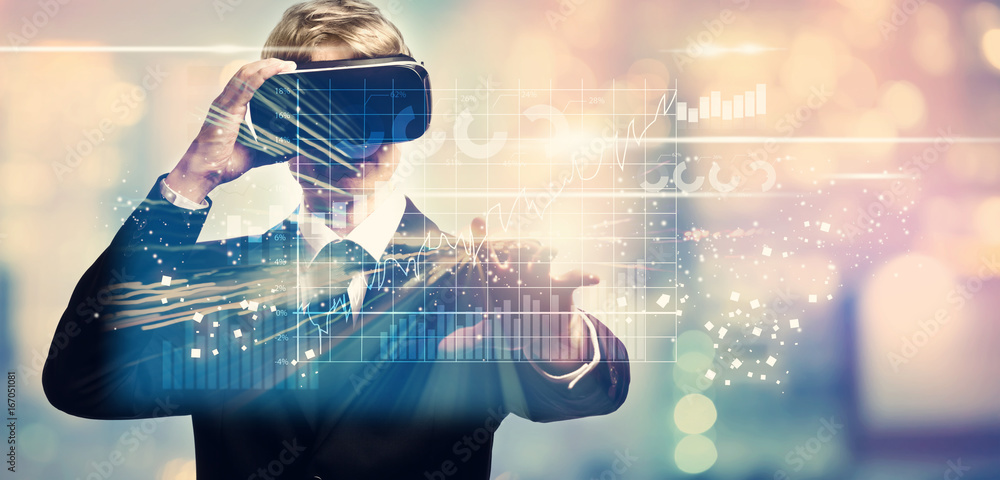 Poster graphs with businessman using a virtual reality headset