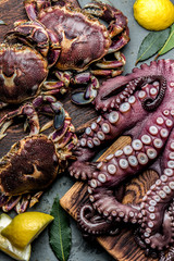 Seafood octopus. Whole fresh raw octopus and crabs on wooden board with lemon and laurel, gray slate background, top view