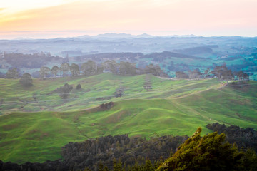 green hills at sunset, landscape picture