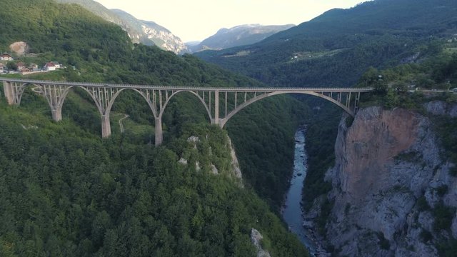 Aerial view of Durdevica Tara arc bridge in the mountains, One of the highest automobile bridges in Europe.