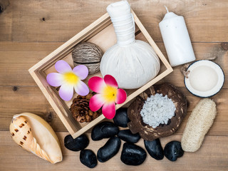 Fototapeta premium Aromatherapy product Spa set massage with white wood background. top view,flat lay composition.