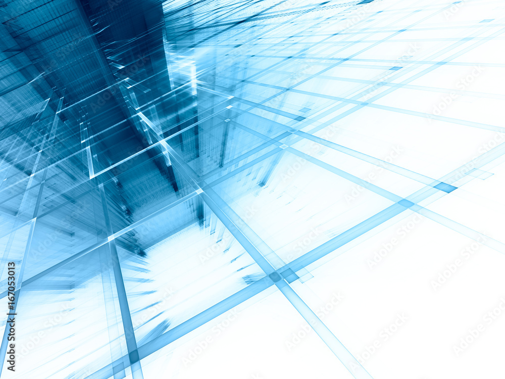Poster Abstract background element. Fractal graphics series. Three-dimensional composition of repeating grids. Information technology concept. Blue and black colors.