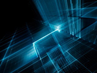 Abstract background element. Fractal graphics series. Three-dimensional composition of repeating grids. Information technology concept. Blue and black colors.