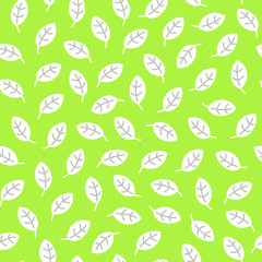 Simple seamless pattern with leaves made in linear flat style on green background.