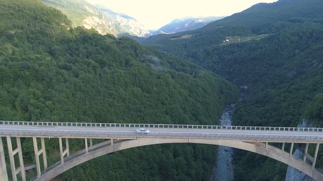 Aerial view of Durdevica Tara arc bridge in the mountains, One of the highest automobile bridges in Europe.