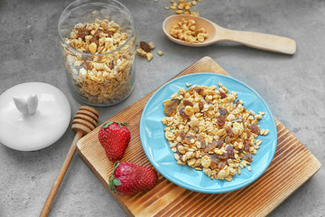 Healthy breakfast with muesli on table