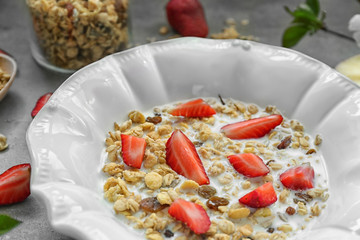 Healthy breakfast with muesli on table