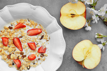 Healthy breakfast with muesli on table