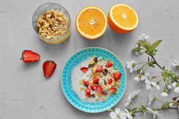 Healthy breakfast with muesli on table