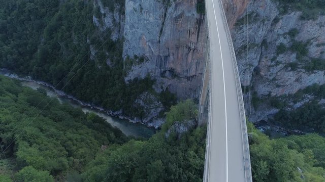 Aerial view of Durdevica Tara arc bridge in the mountains, One of the highest automobile bridges in Europe.