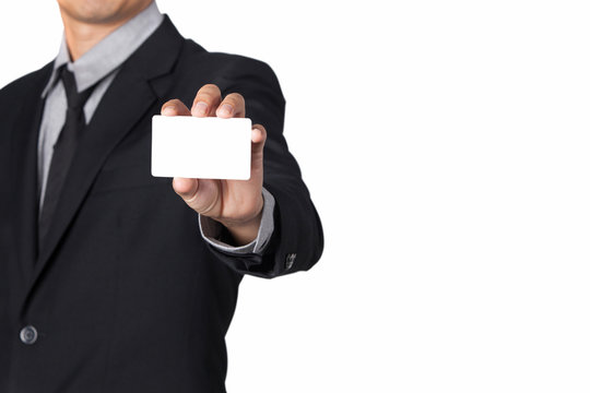 A Businessman showing his name card with space for copy.