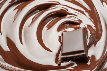 Melted pieces of chocolate in chocolate swirl splash