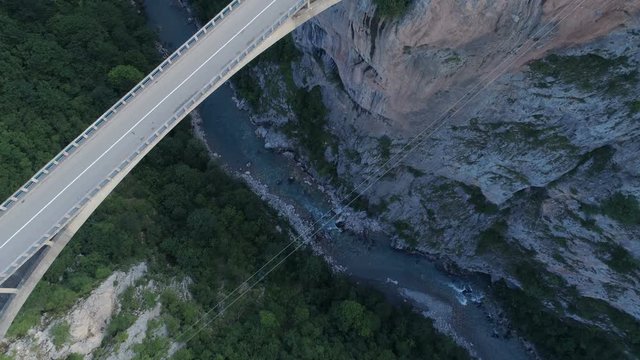 Aerial view of Durdevica Tara arc bridge in the mountains, One of the highest automobile bridges in Europe.