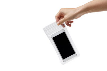 Hand holding a black smartphone with in a waterproof case