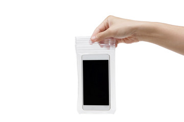 Hand holding a smartphone with in a waterproof case