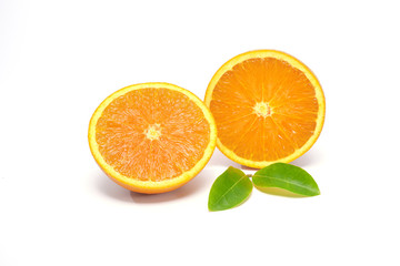 Fresh ripe natural splashing orange juice pour on orange fruit on white backgroundb