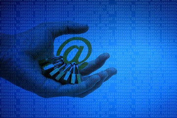 Hand holding email sign with many padlocks / Email security and countermeasure concept