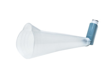 Treatment spray with a spacer for people with asthma and breathing problems isolated