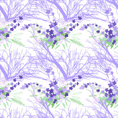Seamless pattern with summer flowers and leaves on a white background