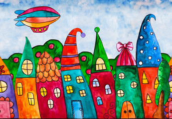 Colorful seamless border with fantasy bright sweet cartoon houses in a whimsical childlike style. Cute pattern with houses and trees and dirigible. Zeppelin airship dirigible balloon flight. © Natalia