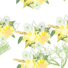 Abwaschbare Fototapete Seamless pattern with summer flowers and leaves on a white background © Rasveta