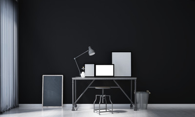 3D interior rendering of working table and notebook computer and black wall texture design