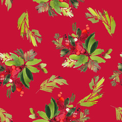Seamless watercolor Christmas pattern with berries and spruce