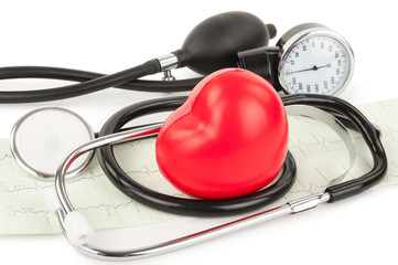 Fototapeta na wymiar Black tonometer and heart, cardiogram