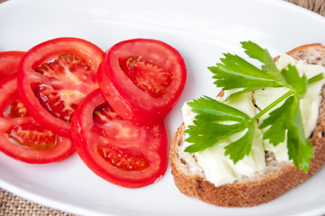 Sandwich with cheese and parsley, sliced tomatoes in  white plate