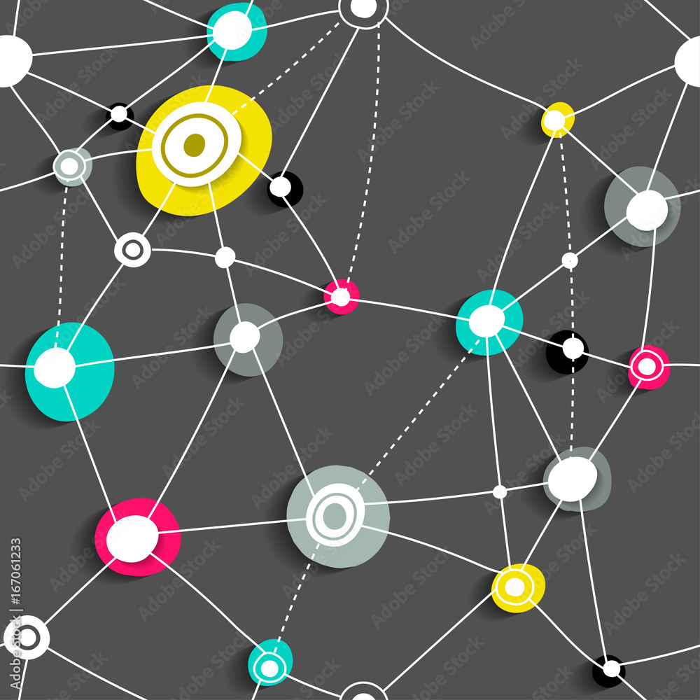 Poster seamless structure of lines and round colored points at intersections. theme of interaction, agglome