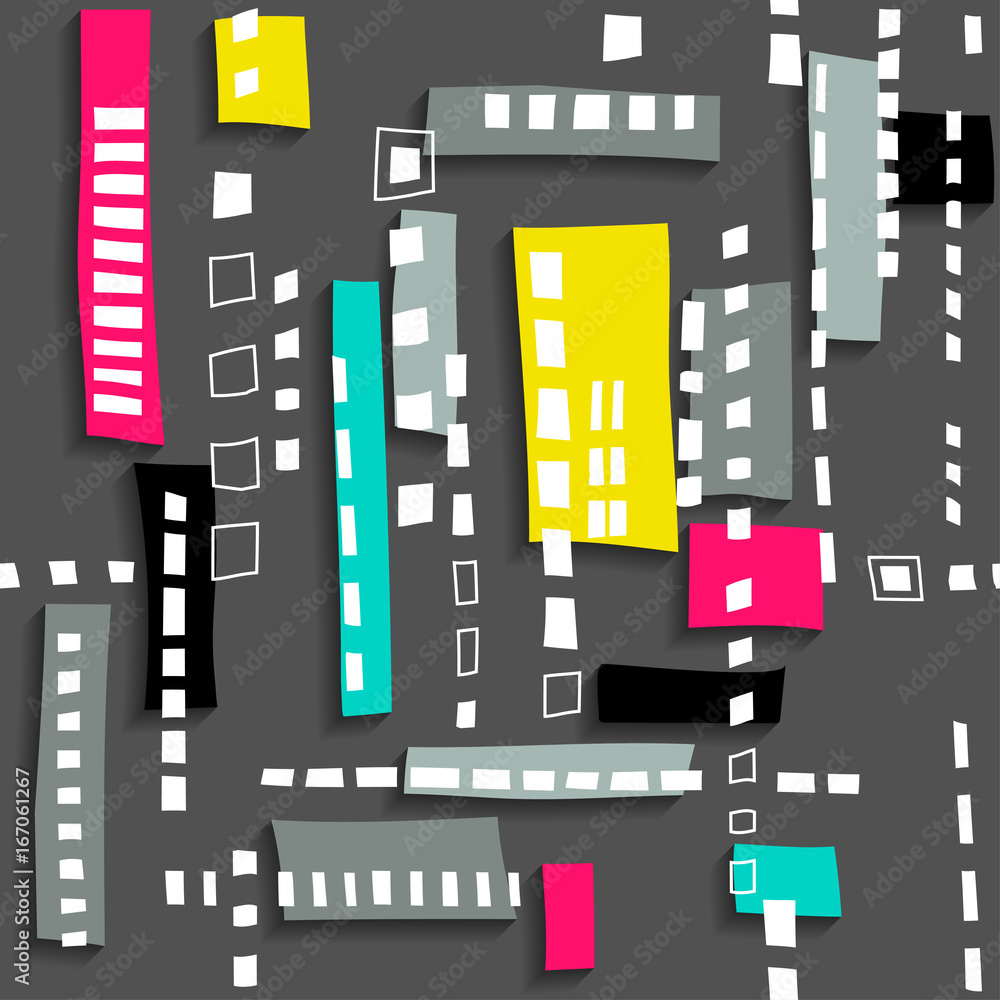 Poster seamless structure of stylized residential district. black pattern with white windows and colored re