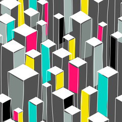 Fototapeta premium Vector seamless hand drawn pattern of isometric skyscrapers with shifted colored fill.