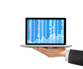 male hand holding  laptop