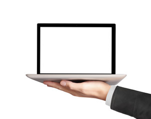 male hand holding  laptop