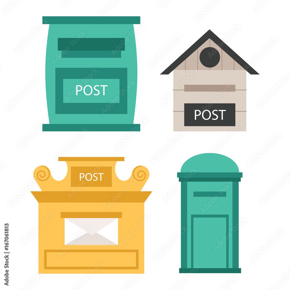 Poster beautiful rural curbside open and closed postal mailboxes with semaphore flag postbox vector illustr
