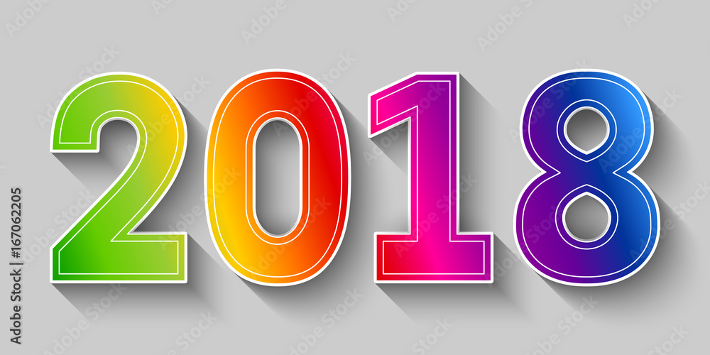 Aufkleber 2018 happy new year. colorful numbers with multicolor gradient and shadow on gray background. vector