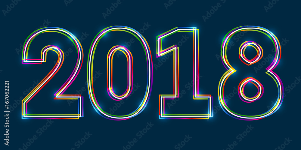Aufkleber 2018 Happy New Year. Multicolor outline numbers with glowing effect on blue background. Vector EPS10