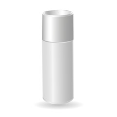 Vector mock-up of empty and clean white glossy metal spray bottle with cap. Template 3d plastic container for branding, advertising. Blank package isolated on transparent background.