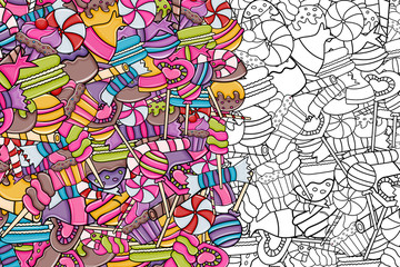 Obraz premium Candy and sweets cartoon doodle design. Cute outline background concept for advertisement, banner, flyer, brochure or greeting card. Hand drawn vector illustration. Lineart style.