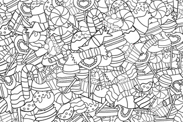 Candy and sweets cartoon doodle design. Cute outline background concept for advertisement, banner, flyer, brochure or greeting card. Hand drawn vector illustration. Lineart coloring page style.