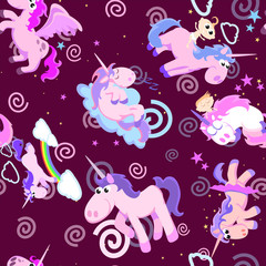 cute unicorn seamless pattern, magic pegasus flying with wing and horn on rainbow, fantasy horse vector illustration, myth creature dreaming background.