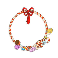 Frame of candy cane with candies and lollypops.