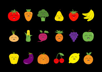 Fruit berry vegetable face icon set. Strawberry, pear, banana, pineapple, grape, apple, cherry, lemon, orange. Pepper, tomato, carrot, broccoli, onion, sweet corn, beet, eggplant aubergine pumpkin