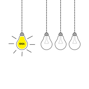 Hanging light bulb icon set. Perpetual motion. Switch on off lamp. Idea text. Shining effect. Dash line. Yellow color. Business success concept. Infographic. Flat design. White background. Isolated.