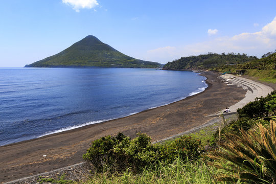 Beach and view of mount Kaimon in Kagoshima, Japan