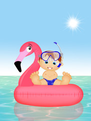 Obraz na płótnie Canvas child on inflatable pink flamingo